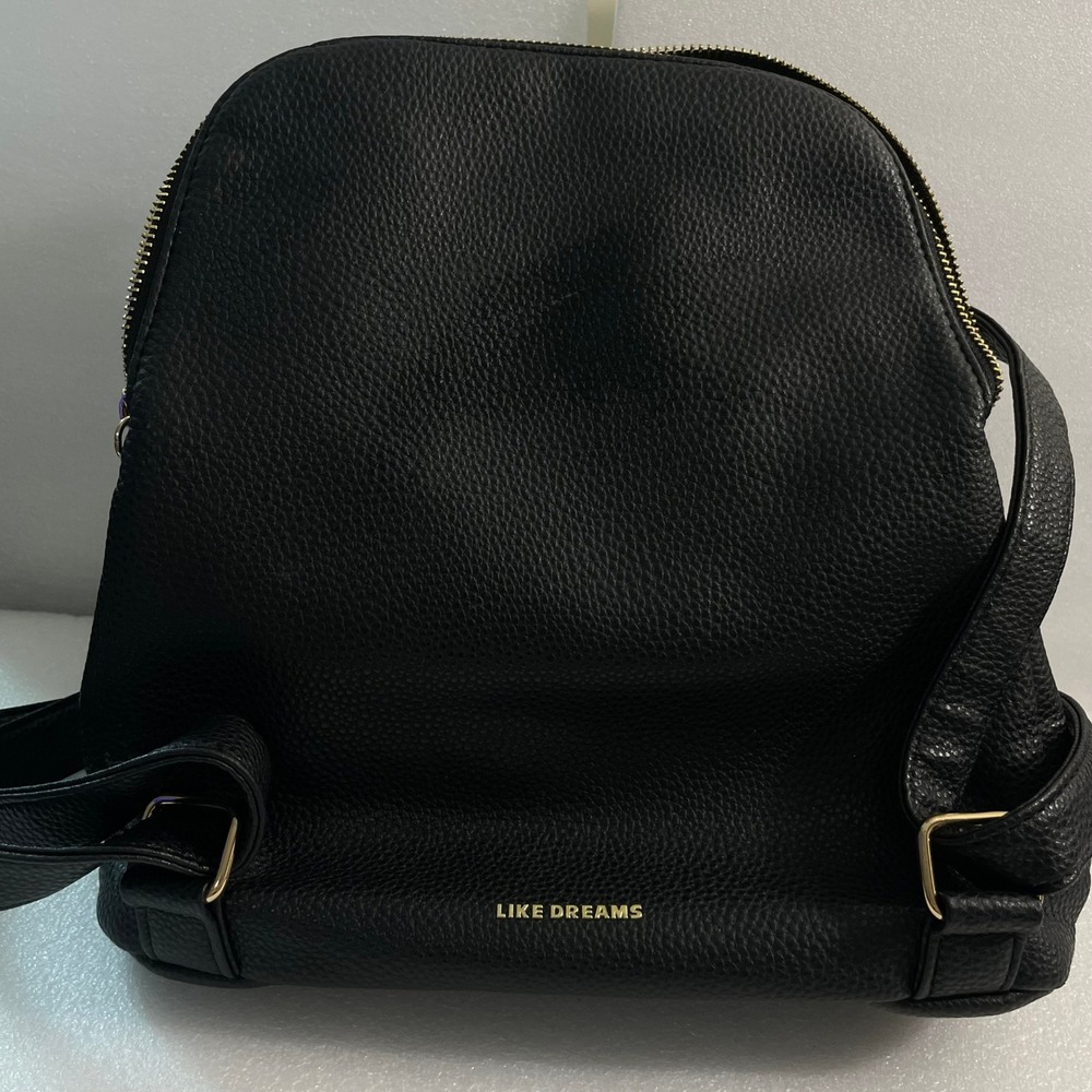 LIKE DREAMS Black Pebbled Vegan Leather Bow Backpack Gold Hardware Ring Handle